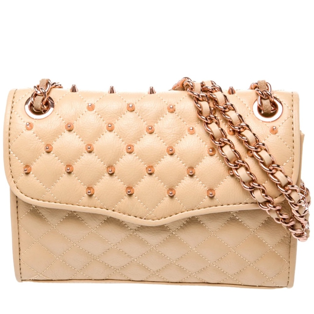 Rebecca Minkoff Quilted Affair Stud Bag chain strap rose gold  leather beige